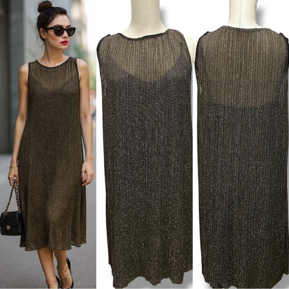 Mango Dresses & Skirts - 303 MANGO Suit | NWOT Turkey Metallic Gold Shimmer Sleeveless Midi Dress (Sz M)